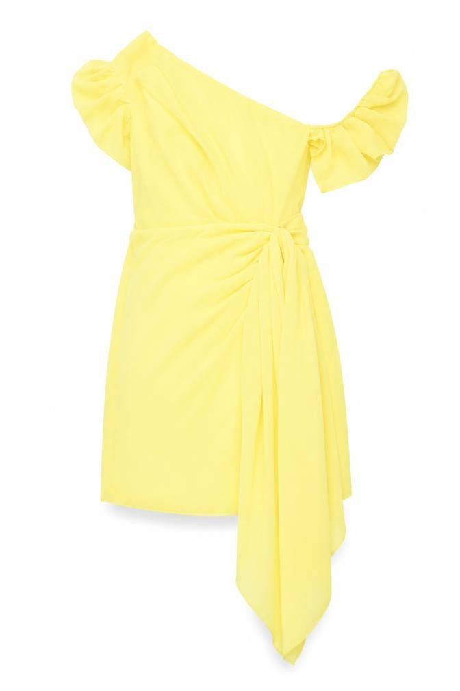 Front view of PRETTYLITTLETHING women’s yellow polyester mini, size UK 10, one shoulder zip - pleated