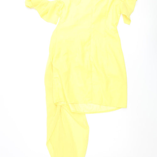 PRETTYLITTLETHING Womens Yellow Polyester Mini Size 10 One Shoulder Zip - Pleated
