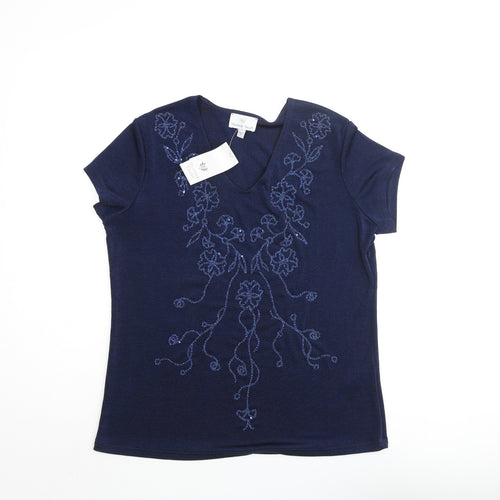 Heather Valley Womens Blue Polyester Basic Blouse Size 12 V-Neck - Floral Beading