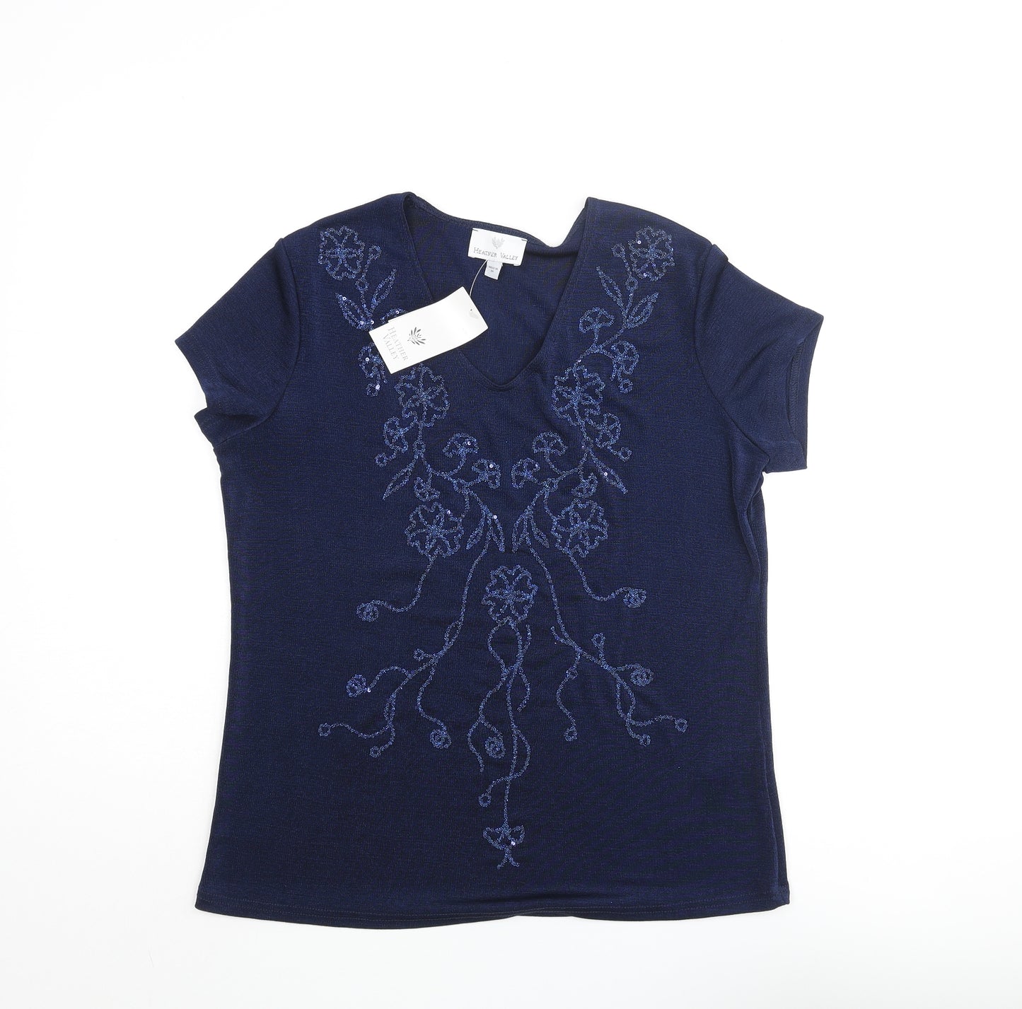 Heather Valley Womens Blue Polyester Basic Blouse Size 12 V-Neck - Floral Beading