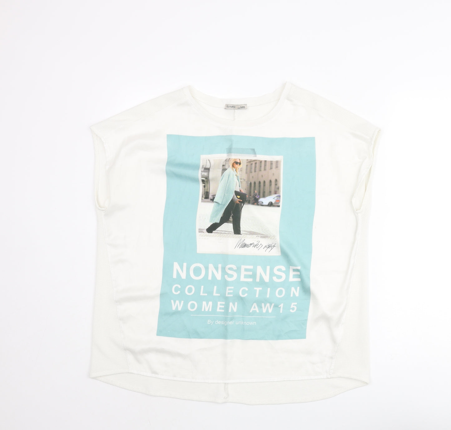 Zara Womens White Polyester Basic Blouse Size L Round Neck - Nonsense Collection AW15