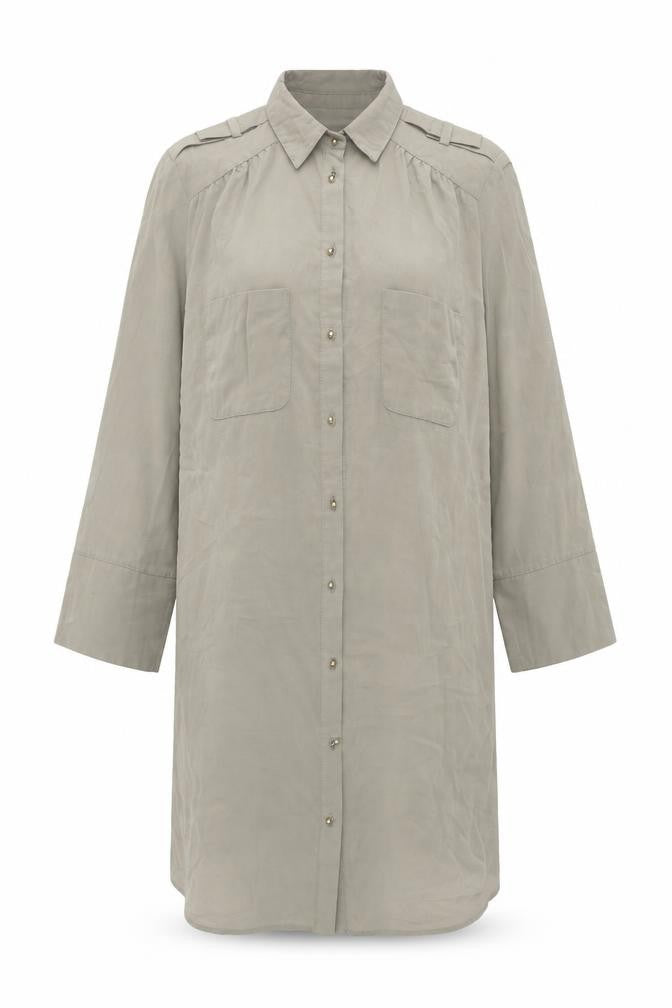 Front view of River Island women’s grey polyester shirt dress, size UK 10, collared button