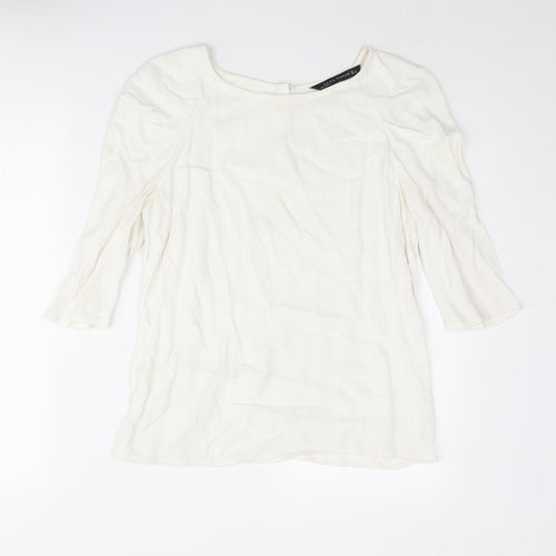 Zara Womens Ivory Viscose Basic Blouse Size L Round Neck - Star Button