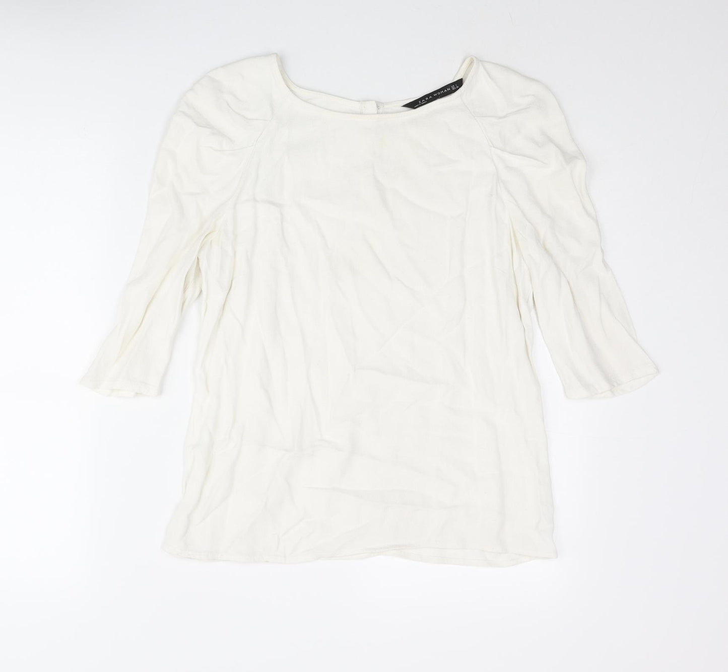 Zara Womens Ivory Viscose Basic Blouse Size L Round Neck - Star Button