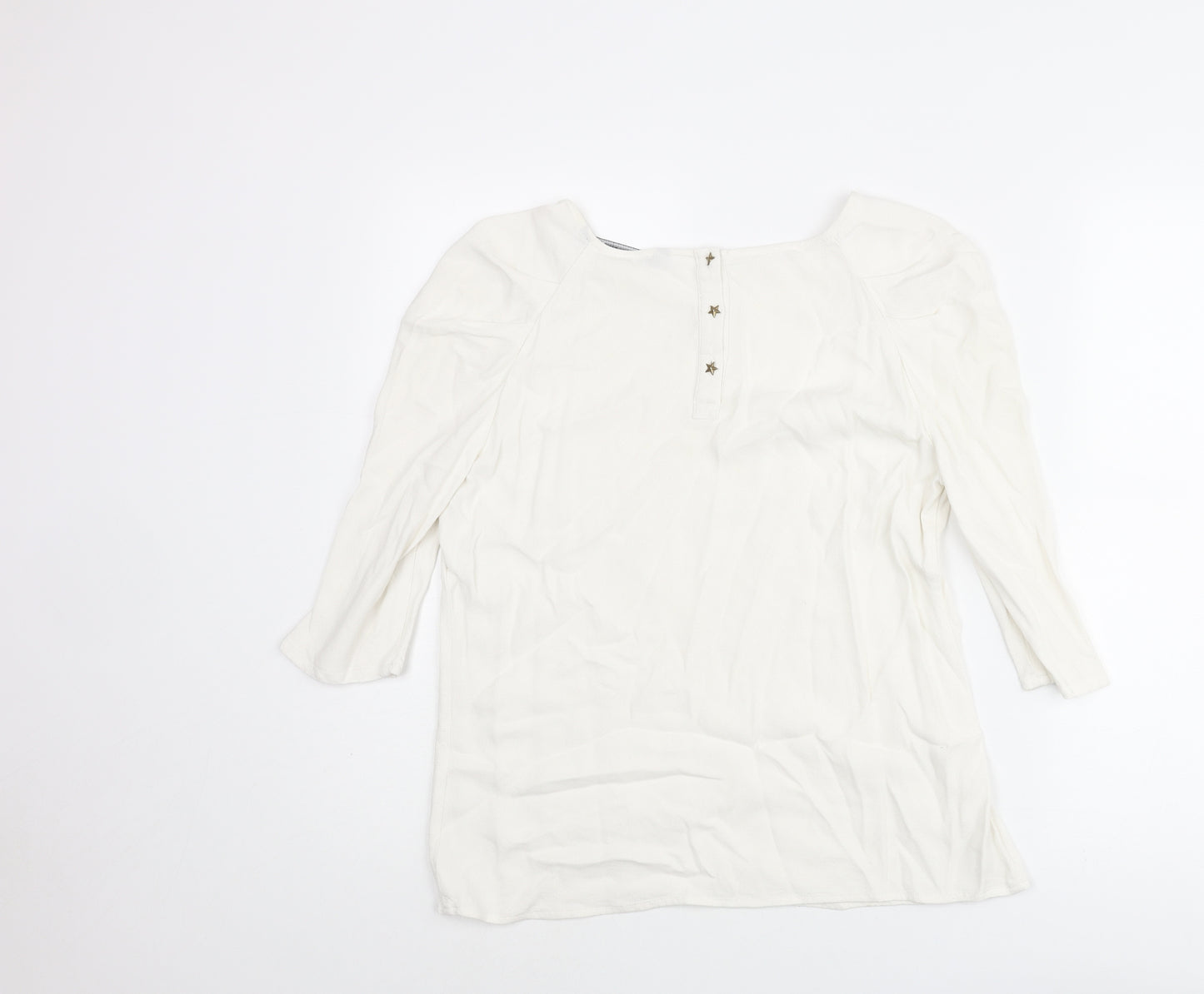 Zara Womens Ivory Viscose Basic Blouse Size L Round Neck - Star Button