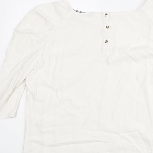 Zara Womens Ivory Viscose Basic Blouse Size L Round Neck - Star Button