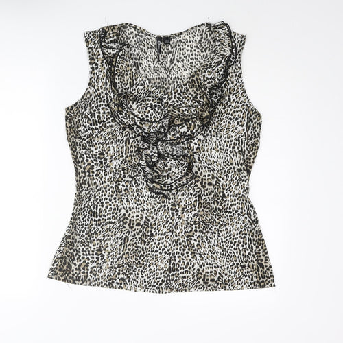 Milano Womens Beige Animal Print Polyester Basic Blouse Size M V-Neck - Leopard Print Frill