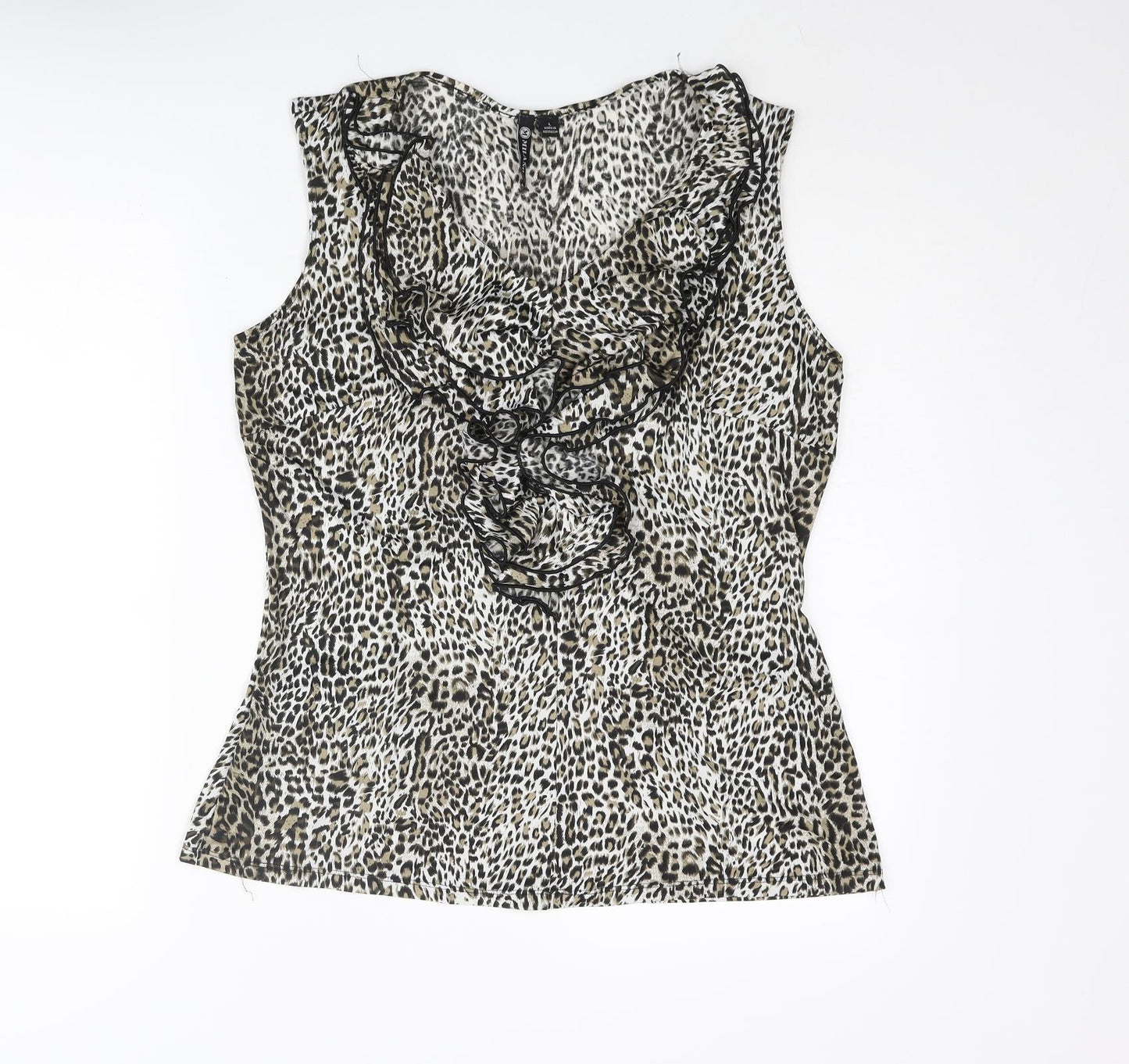 Milano Womens Beige Animal Print Polyester Basic Blouse Size M V-Neck - Leopard Print Frill