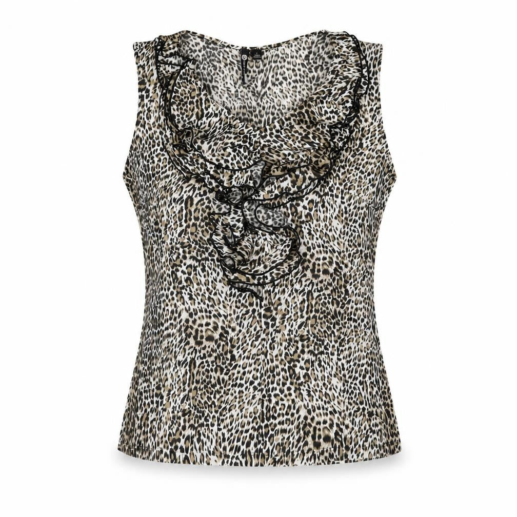 Front view of Milano women’s beige animal print polyester basic blouse, size M, v-neck - leopard print frill