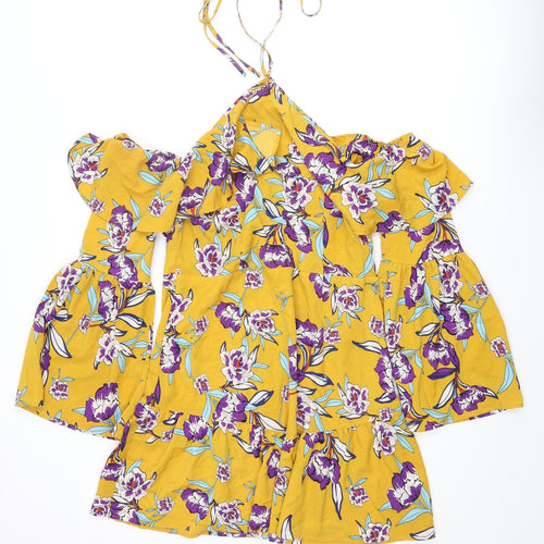 PRETTYLITTLETHING Womens Yellow Floral Polyester Shift Size 16 Halter Zip - Cold Shoulder Frill