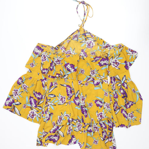 PRETTYLITTLETHING Womens Yellow Floral Polyester Shift Size 16 Halter Zip - Cold Shoulder Frill