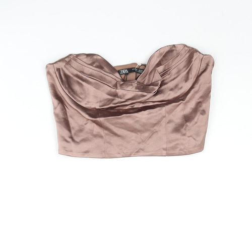 Zara Womens Brown Polyester Cropped Blouse Size S Cowl Neck