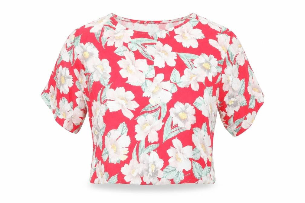 Front view of New Look women’s pink floral polyester basic blouse, size UK 6, round neck