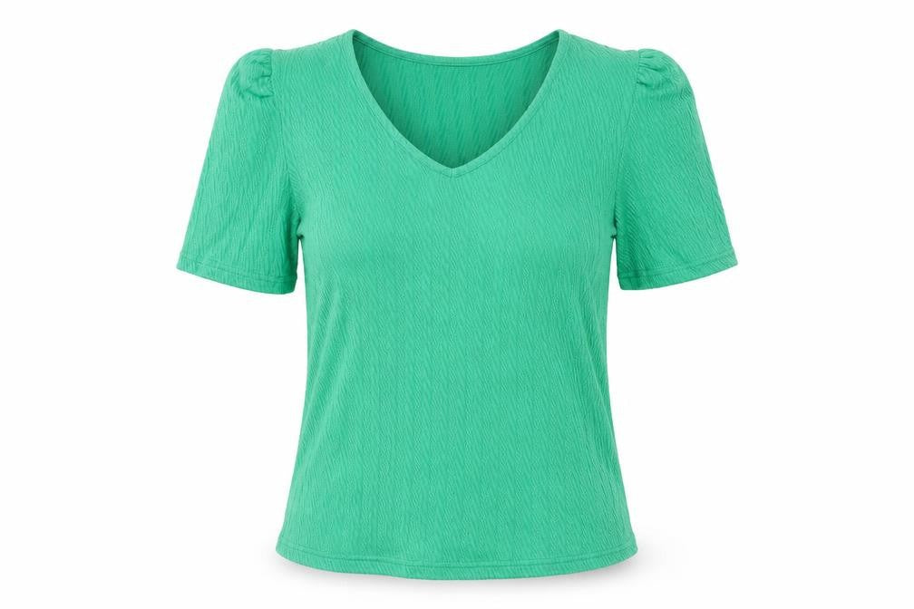 Front view of b.young women’s green polyester basic blouse, size M, v-neck