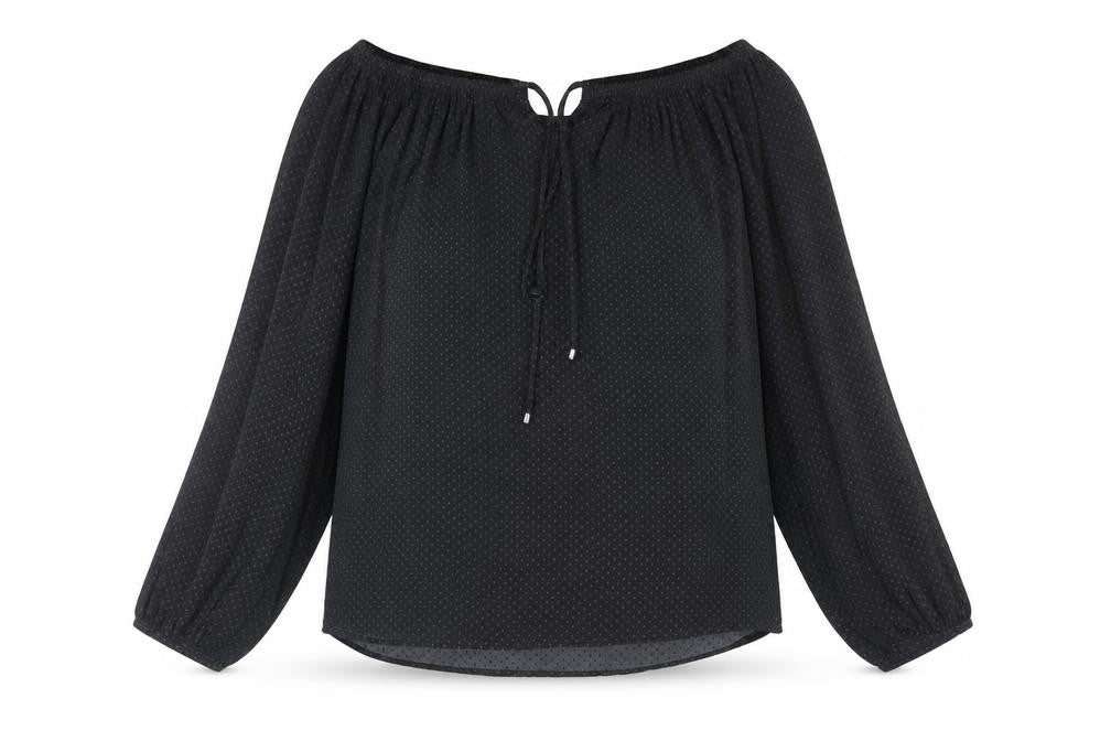 Front view of Next women’s black polka dot polyester basic blouse, size UK 10, off the shoulder