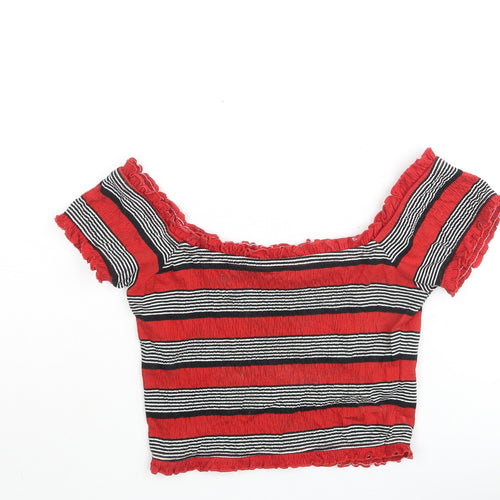 New Look Womens Red Striped Polyester Cropped Blouse Size 8 Off the Shoulder - Rouched