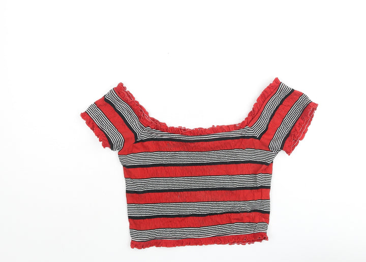 New Look Womens Red Striped Polyester Cropped Blouse Size 8 Off the Shoulder - Rouched