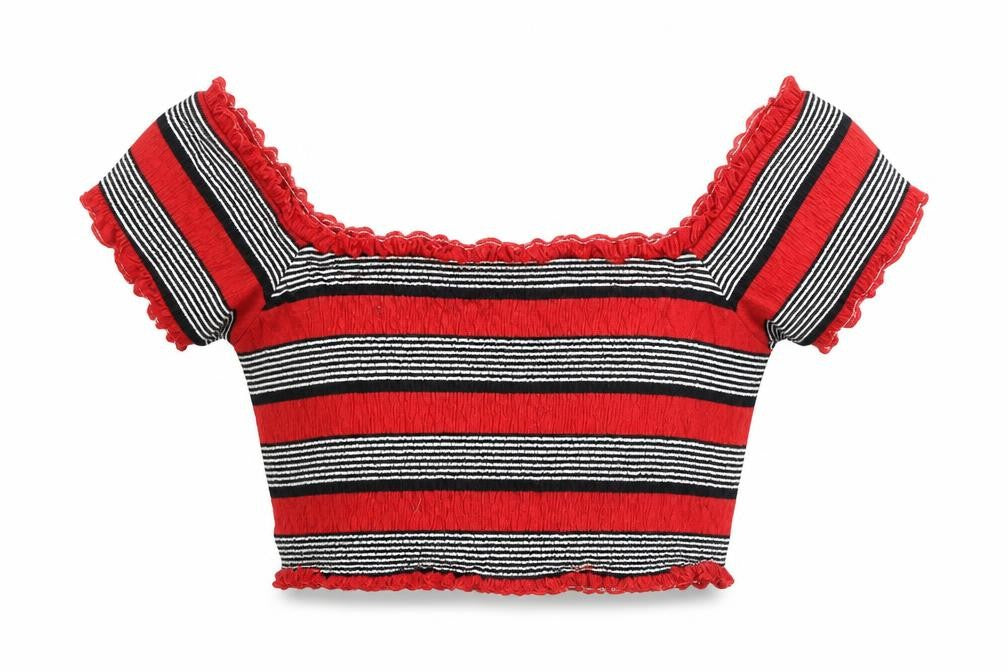 Front view of New Look women’s red striped polyester cropped blouse, size UK 8, off the shoulder - rouched