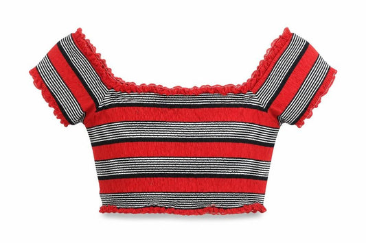 Front view of New Look women’s red striped polyester cropped blouse, size UK 8, off the shoulder - rouched