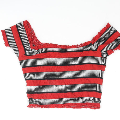 New Look Womens Red Striped Polyester Cropped Blouse Size 8 Off the Shoulder - Rouched