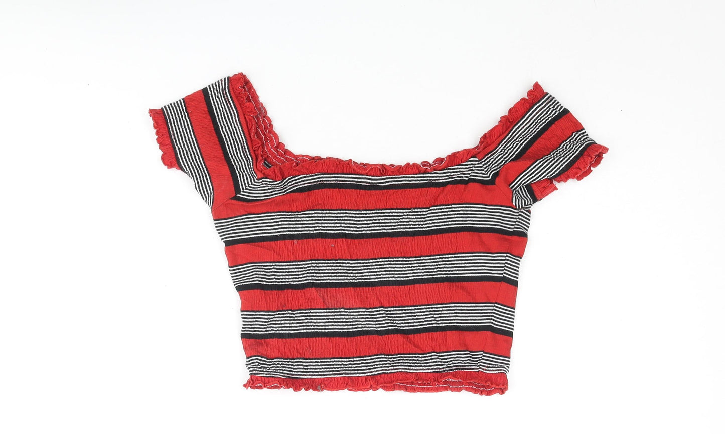 New Look Womens Red Striped Polyester Cropped Blouse Size 8 Off the Shoulder - Rouched