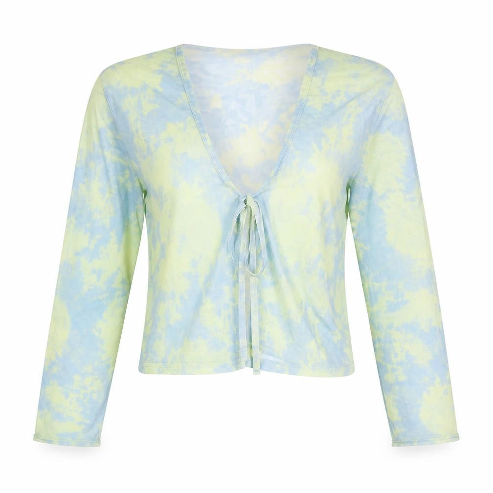 Front view of PRETTYLITTLETHING women’s multicoloured polyester basic blouse, size UK 10, v-neck - semi sheer tie dye