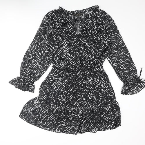 Lipsy Womens Black Polka Dot Polyester A-Line Size 12 V-Neck Tie - Frill Bow