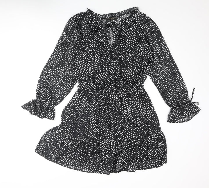 Lipsy Womens Black Polka Dot Polyester A-Line Size 12 V-Neck Tie - Frill Bow