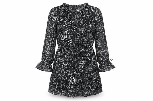 Front view of Lipsy women’s black polka dot polyester a-line, size UK 12, v-neck tie - frill bow