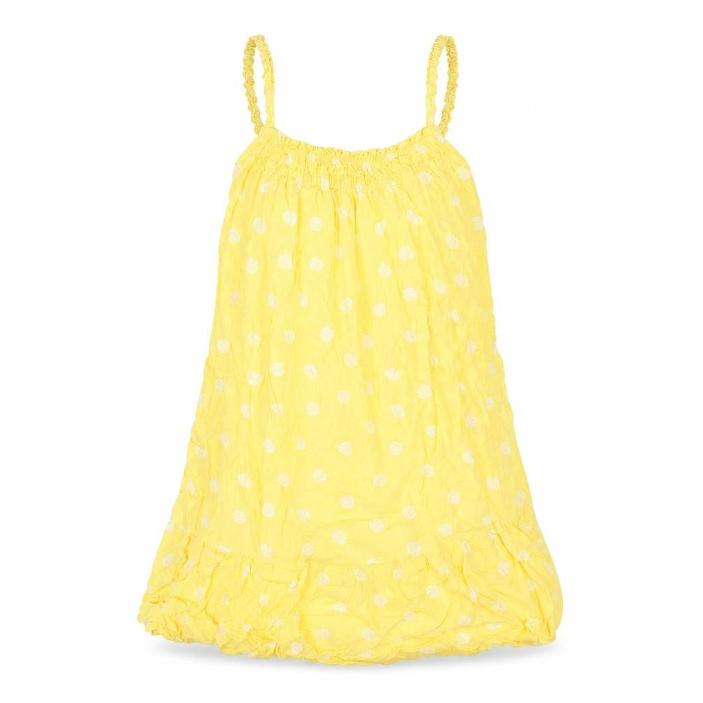 Front view of Marks & Spencer women’s yellow geometric viscose mini, size UK 10, scoop neck pullover - frill shell print