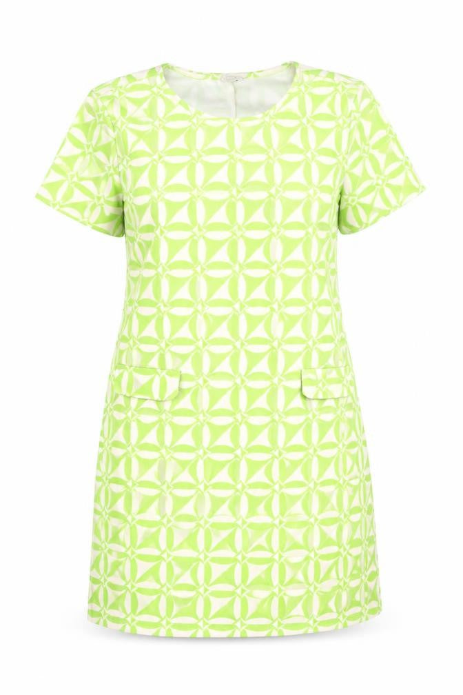 Front view of River Island women’s green geometric polyester shift, size UK 12, round neck pullover - pocket detail