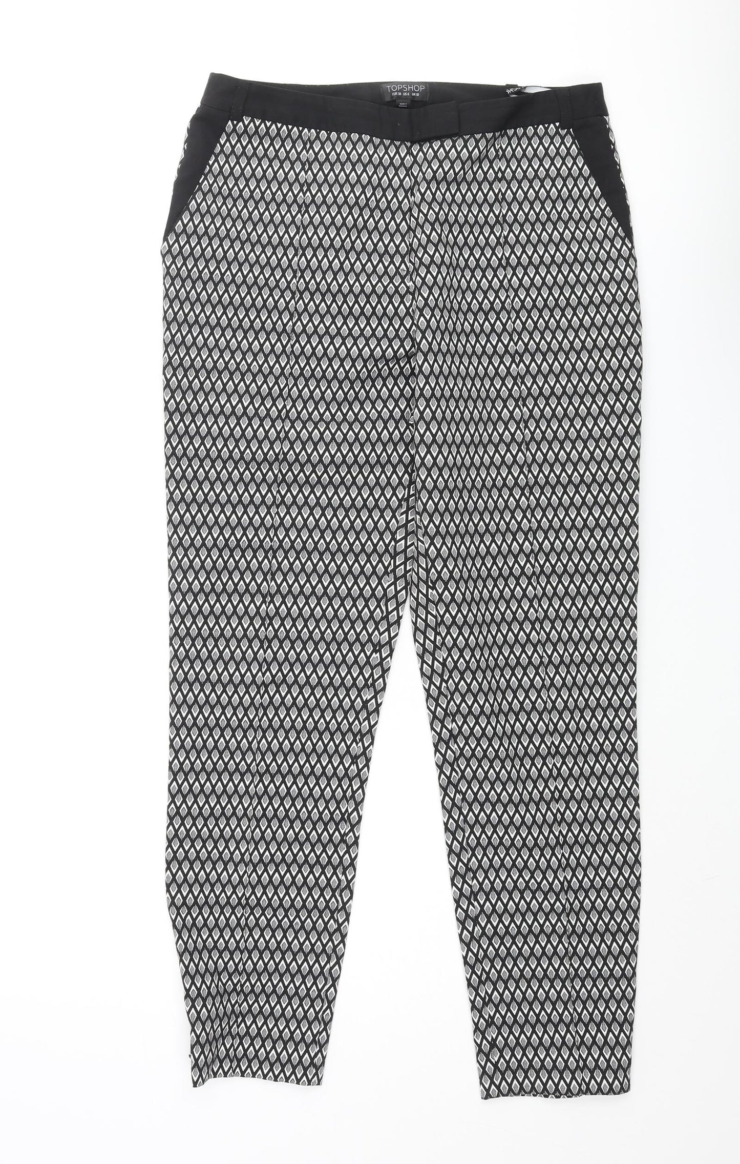 Topshop Womens Black Geometric Polyester Dress Pants Trousers Size 10 L25 in Regular Zip