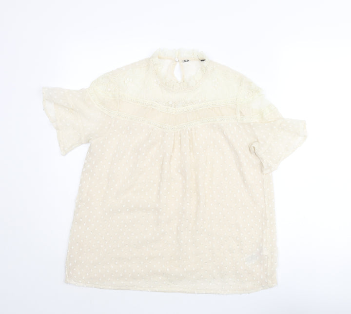 New Look Womens Ivory Polyester Basic Blouse Size 12 Mock Neck - Lace Detail