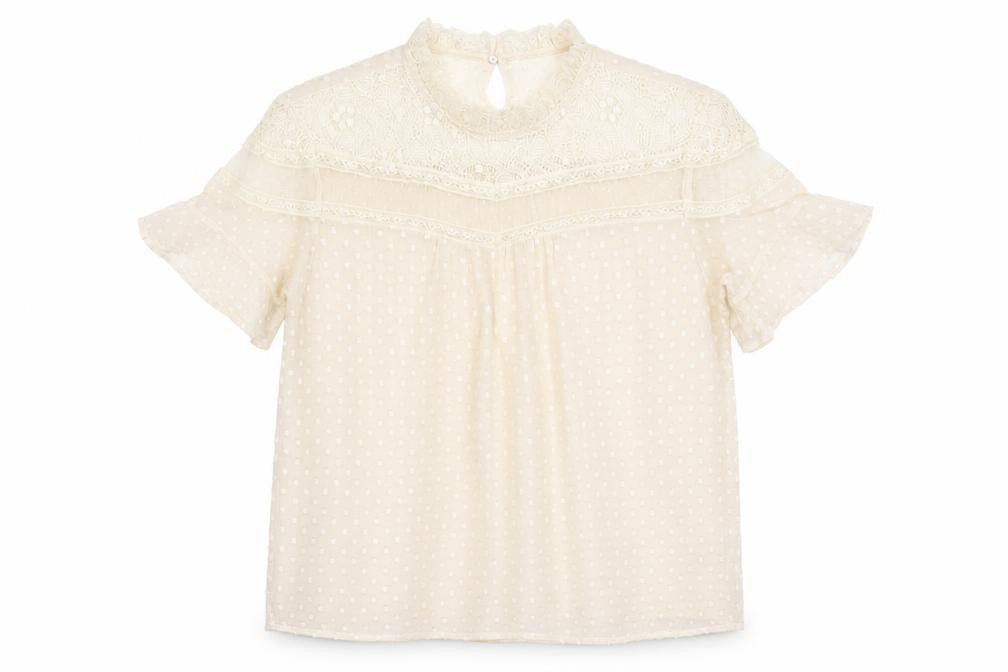 Front view of New Look women’s ivory polyester basic blouse, size UK 12, mock neck - lace detail