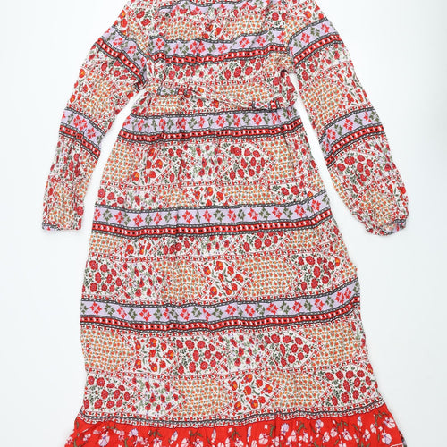 Per Una Womens Multicoloured Geometric Viscose Maxi Size 16 Round Neck Tie - Keyhole Neck Belted