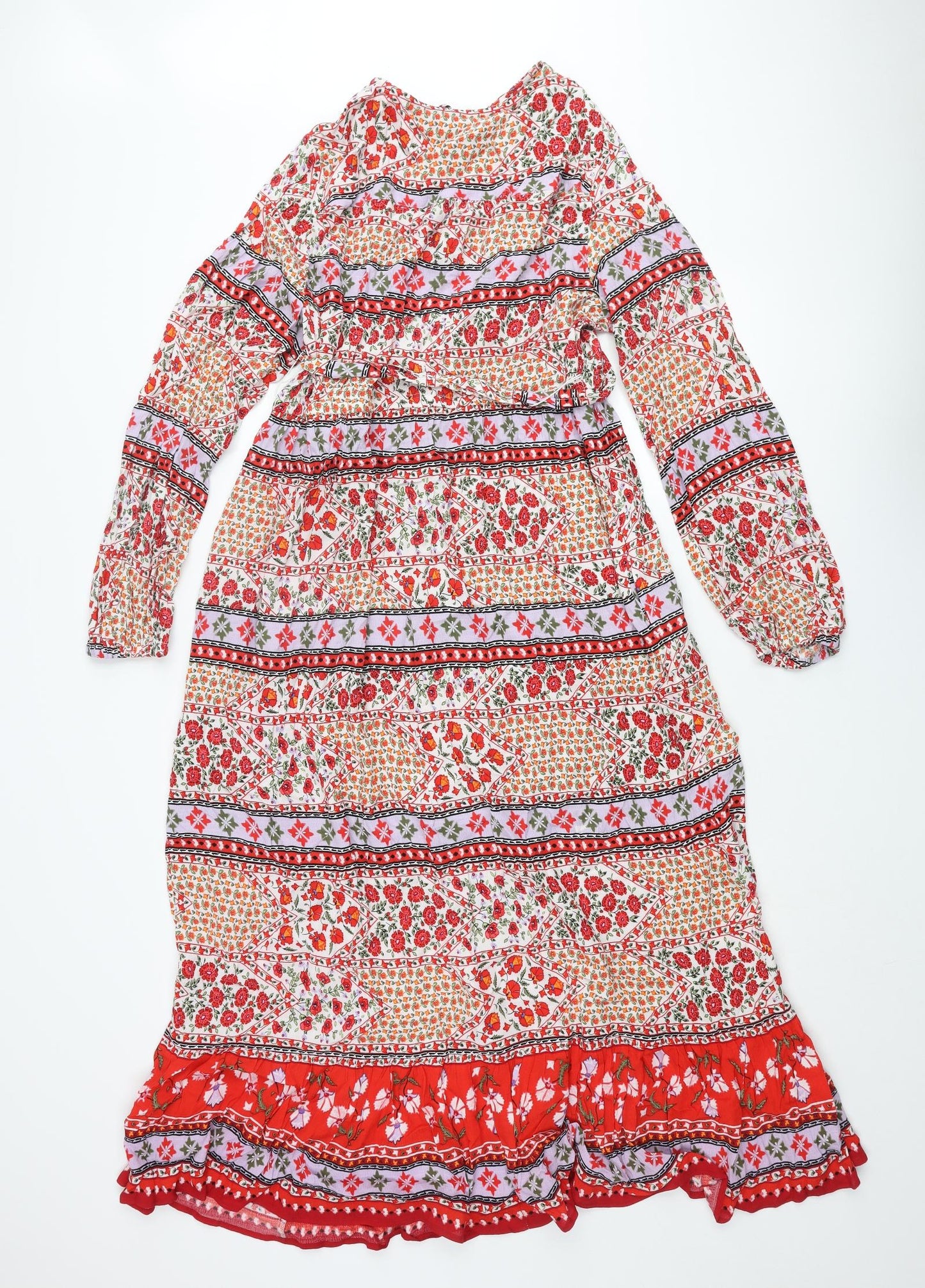 Per Una Womens Multicoloured Geometric Viscose Maxi Size 16 Round Neck Tie - Keyhole Neck Belted