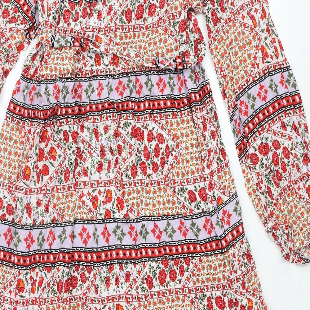 Per Una Womens Multicoloured Geometric Viscose Maxi Size 16 Round Neck Tie - Keyhole Neck Belted