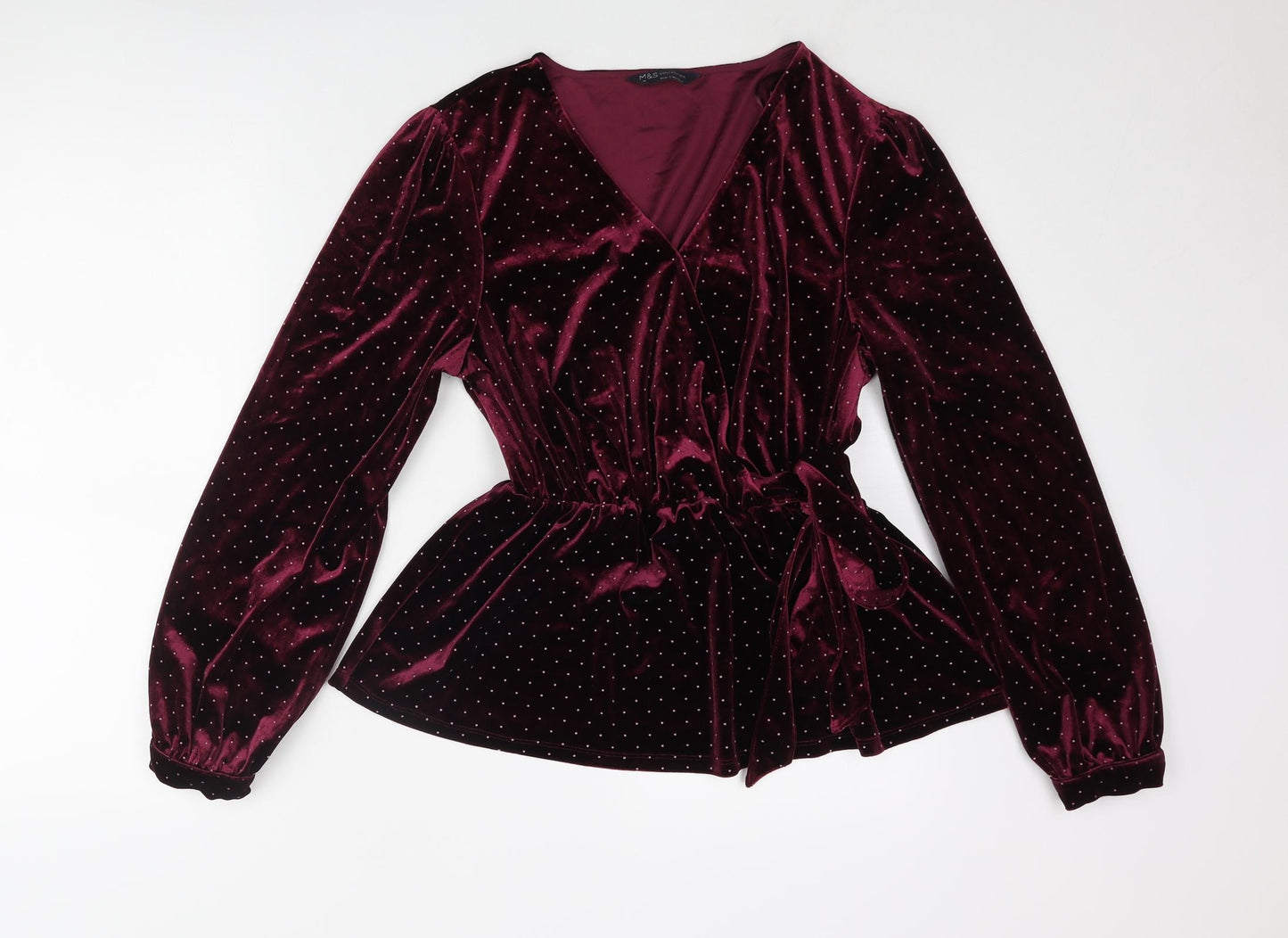 Marks and Spencer Womens Red Polka Dot Polyester Basic Blouse Size 10 V-Neck - Bow