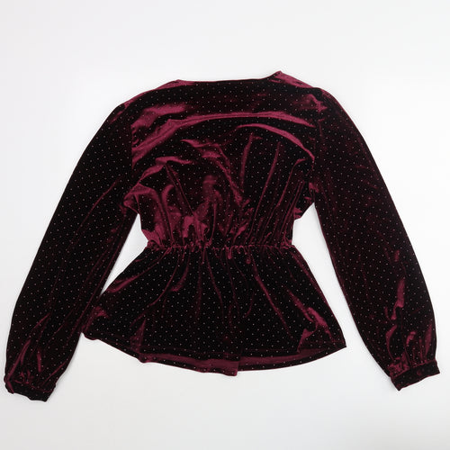 Marks and Spencer Womens Red Polka Dot Polyester Basic Blouse Size 10 V-Neck - Bow