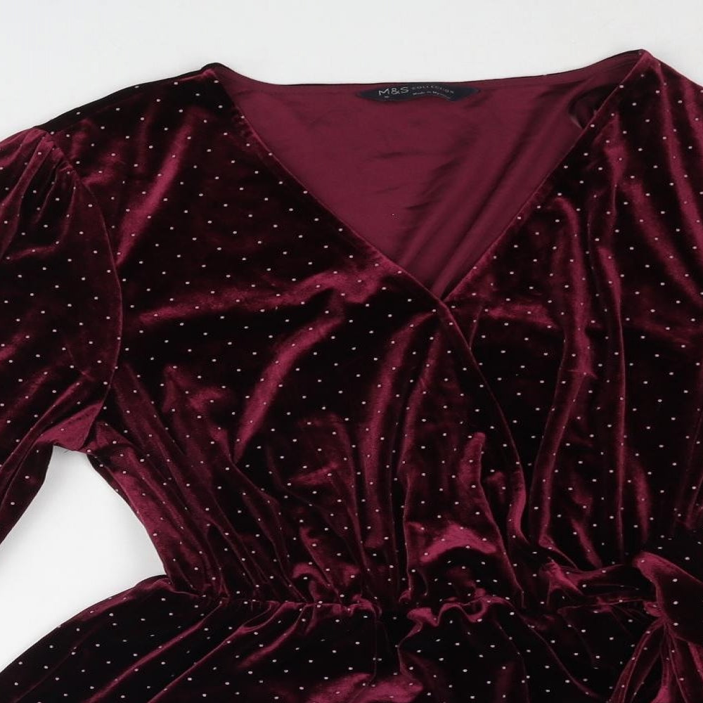 Marks and Spencer Womens Red Polka Dot Polyester Basic Blouse Size 10 V-Neck - Bow