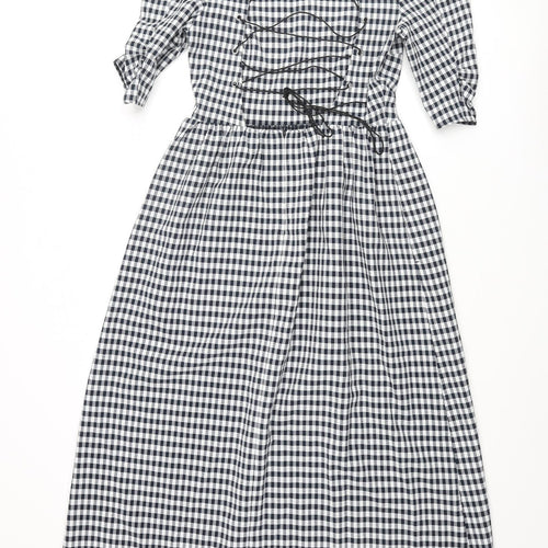 Topshop Womens Blue Gingham Polyester Shift Size 6 Round Neck Zip - Lace Up Back