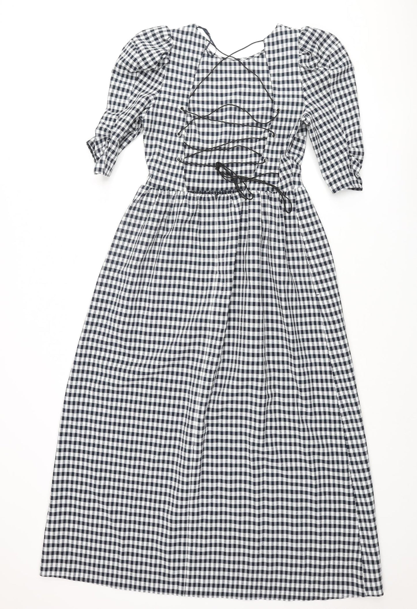 Topshop Womens Blue Gingham Polyester Shift Size 6 Round Neck Zip - Lace Up Back