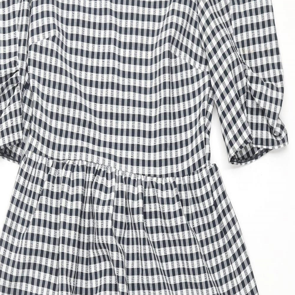 Topshop Womens Blue Gingham Polyester Shift Size 6 Round Neck Zip - Lace Up Back