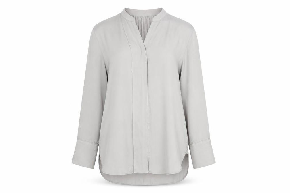 Front view of Marks & Spencer women’s grey polyester tunic blouse, size UK 14, v-neck