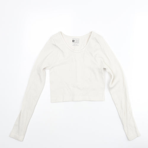 PRETTYLITTLETHING Womens Ivory Polyester Cropped T-Shirt Size S Scoop Neck - Ribbed