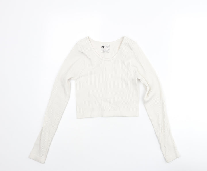PRETTYLITTLETHING Womens Ivory Polyester Cropped T-Shirt Size S Scoop Neck - Ribbed
