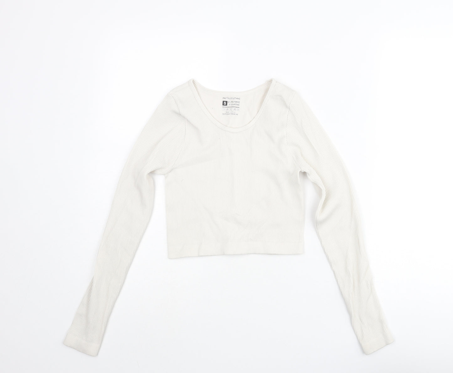 PRETTYLITTLETHING Womens Ivory Polyester Cropped T-Shirt Size S Scoop Neck - Ribbed