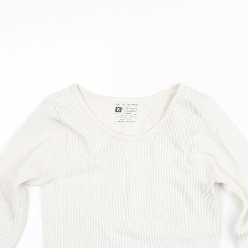 PRETTYLITTLETHING Womens Ivory Polyester Cropped T-Shirt Size S Scoop Neck - Ribbed