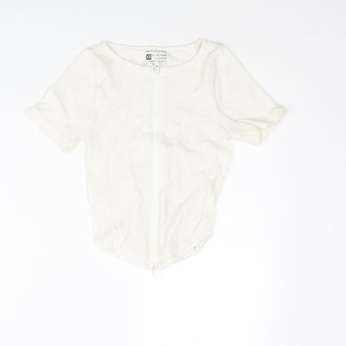 PRETTYLITTLETHING Womens Ivory Polyamide Basic T-Shirt Size XS Round Neck - Ribbed