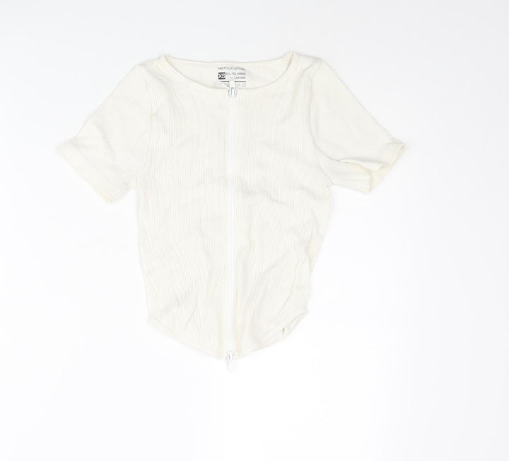 PRETTYLITTLETHING Womens Ivory Polyamide Basic T-Shirt Size XS Round Neck - Ribbed